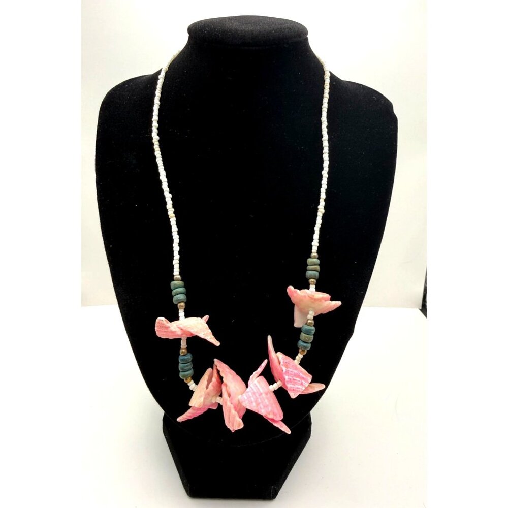 VTG Boho Pink Dyed Shell Necklace Heishi Beads Turquoise Ceramic Beads with Bras